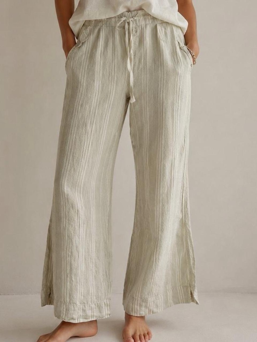 Vintage Moda Intl 100% Linen Pants 12 Green White Stripe Wide Leg Crop y2k Boho